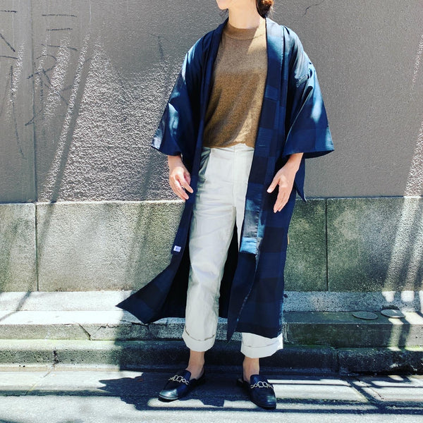 キモノガウン【ReCHIKA -リチカ-】<単衣>紺の紬 KIMONO Gown